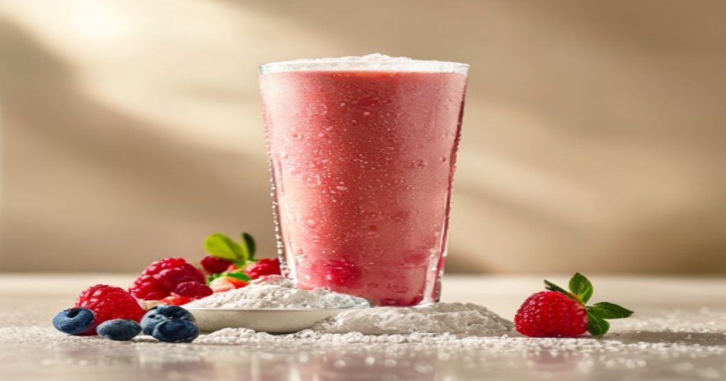 Boisson de clear whey fruitée et claire dans un verre