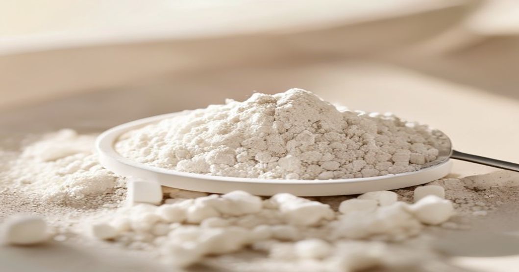 Poudre de créatine monohydrate blanche avec une cuillère doseuse