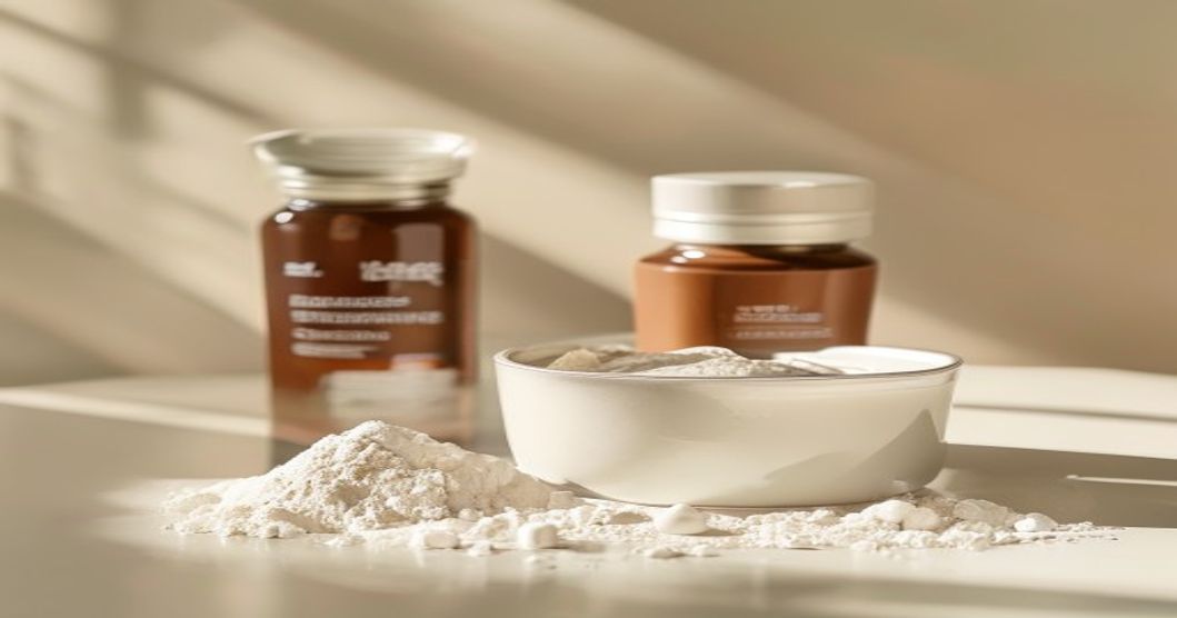 Poudre de whey isolate et cuillère doseuse sur fond clair