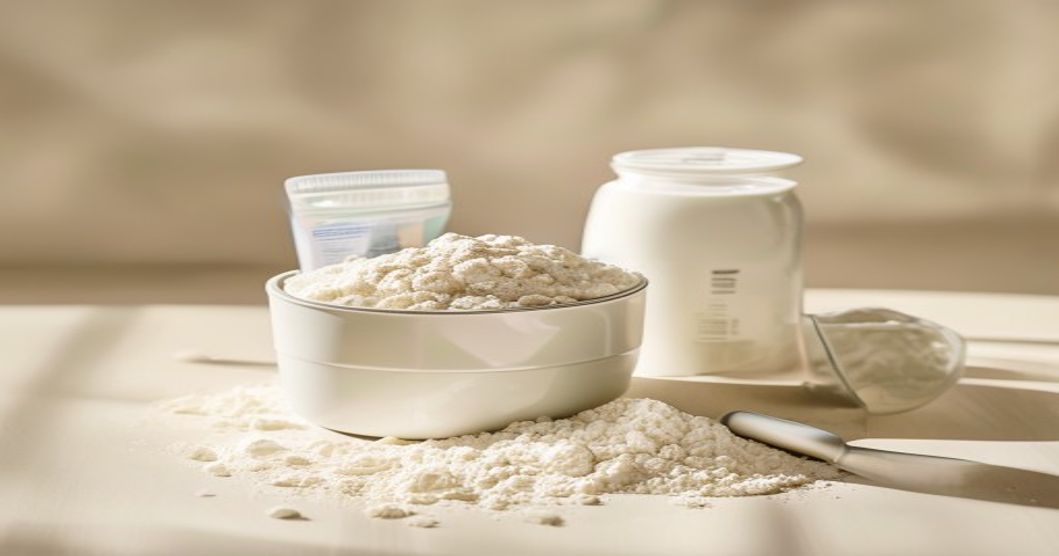 Poudre de whey sans lactose et shaker sur fond clair